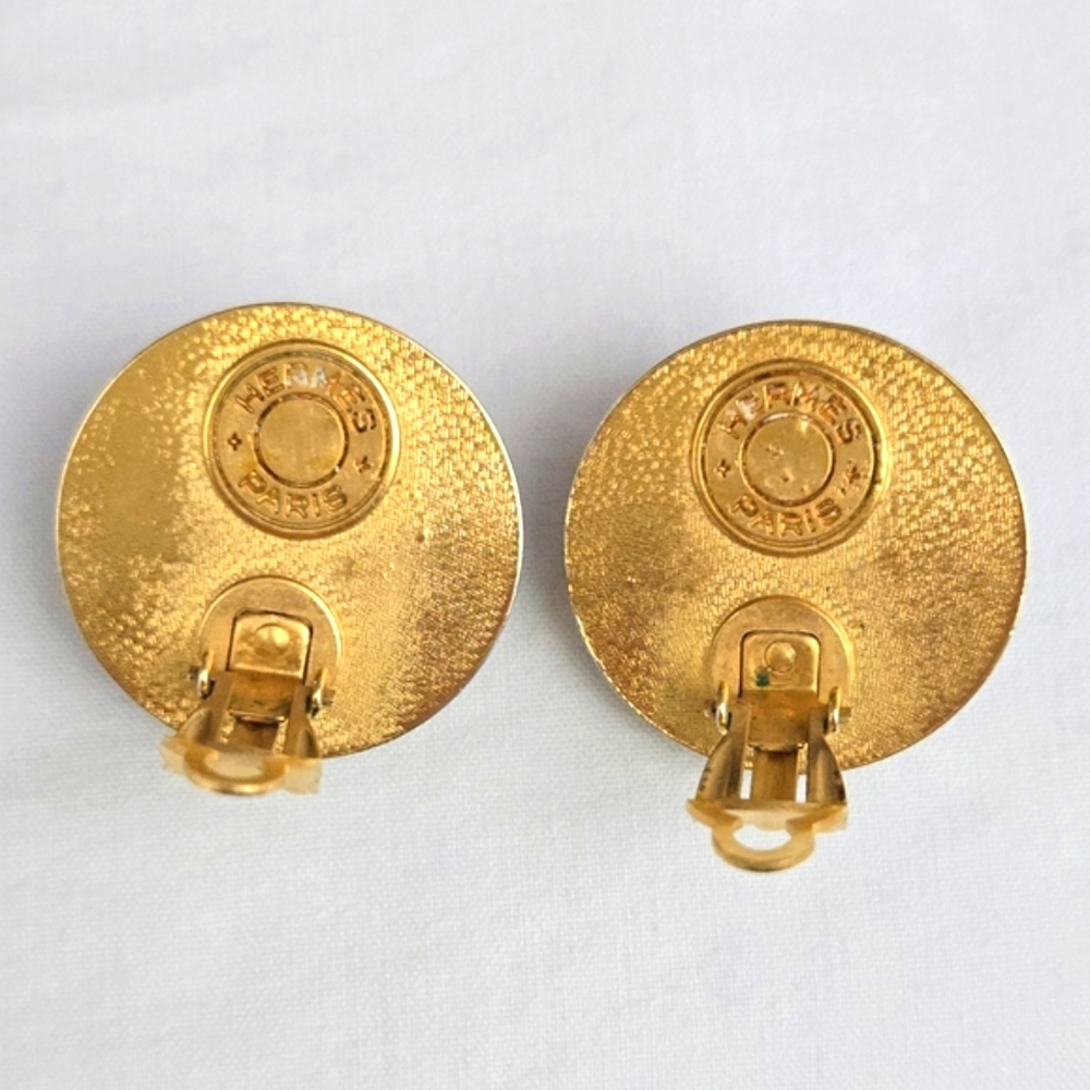 HERMES Leather Gold Tone Clip-on Earrings Excellent - Picture 4 of 9